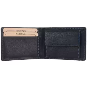 Export-quality men's leather wallet made of premium goat nappa leather with a custom-made bi-fold closure, slim style, elegant design, and cotton lining.