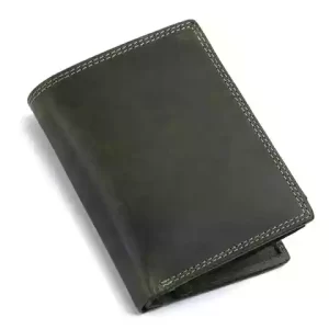 Green leather men's wallet with multiple card slots and a coin pocket